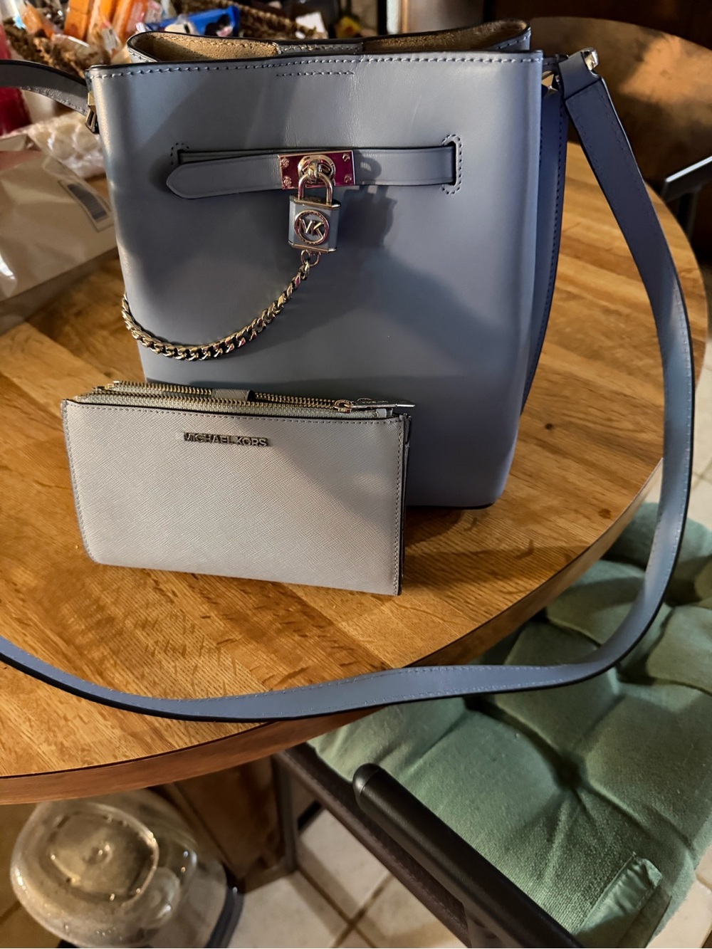 Michael Kors Light Blue Leather Bucket Bag with Matching Wallet